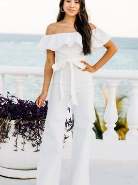 Flying Tomato White Denim Off Shoulder Ruffle Jumpsuit Size Small Boho Chic